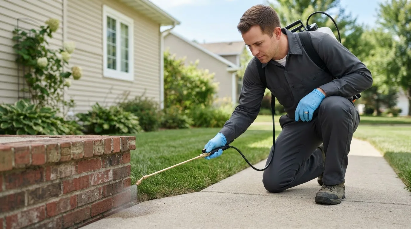 Pest control technician treating a home near White Cloud, KS